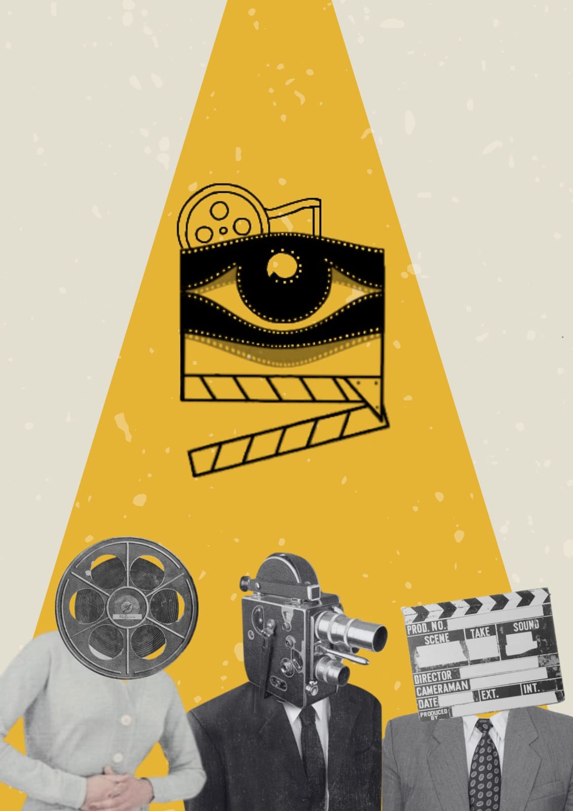 Eikosmos — film collage figures with mustard yellow triangle