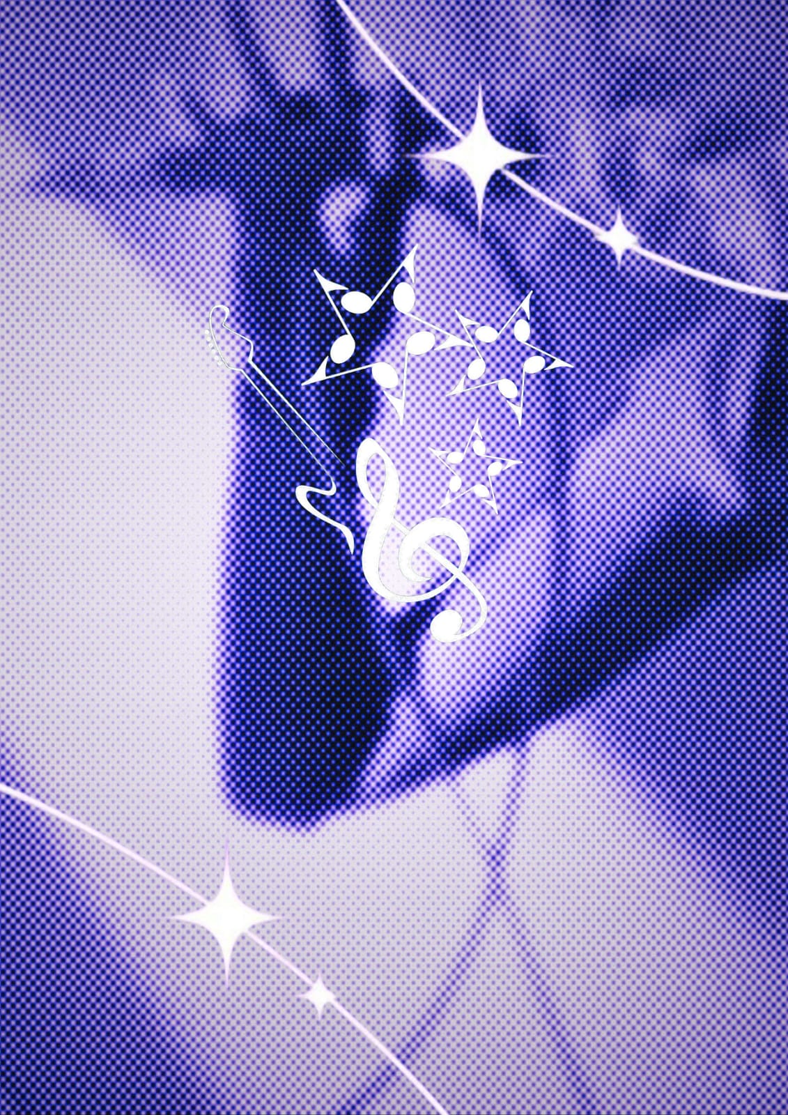 Elysian — purple halftone music graphic with treble clef