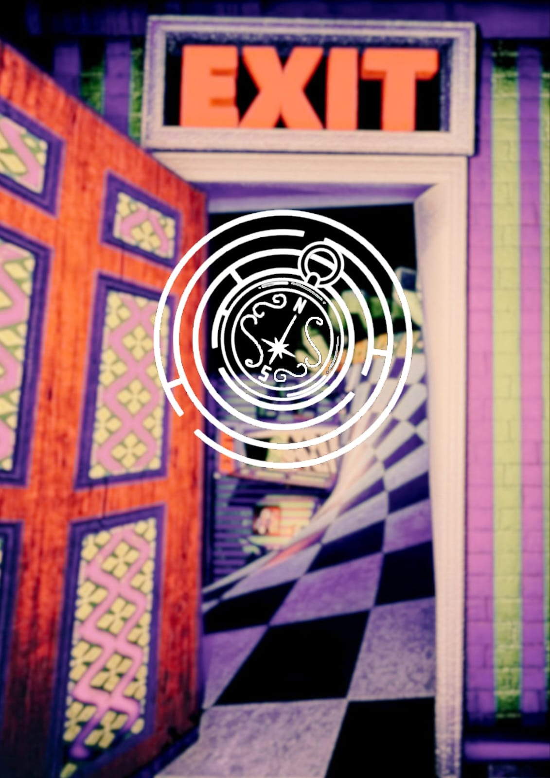 Eximia — surreal purple exit doorway with compass emblem