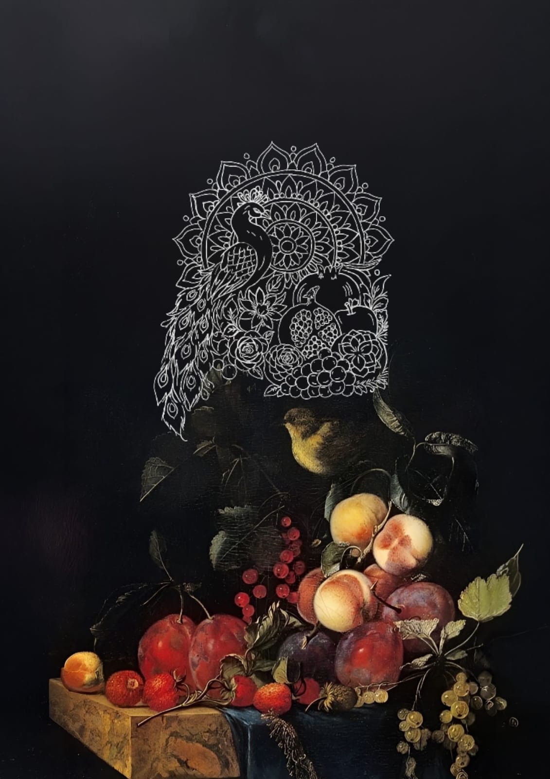 Intaglio — still-life fruit with peacock line-art emblem
