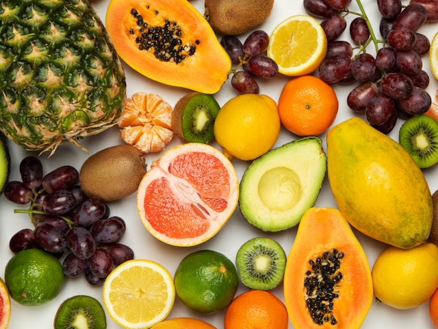 Fresh fruits and vegetables arranged artistically